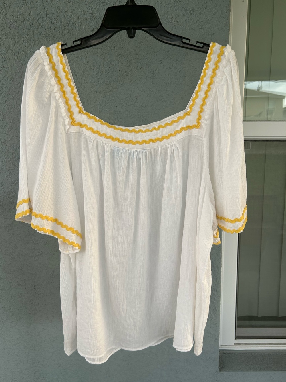 Draper James White Cotton Peasant Top Yellow Ric Rac Trim Square Neck Boho Sz 2X - Picture 2 of 4